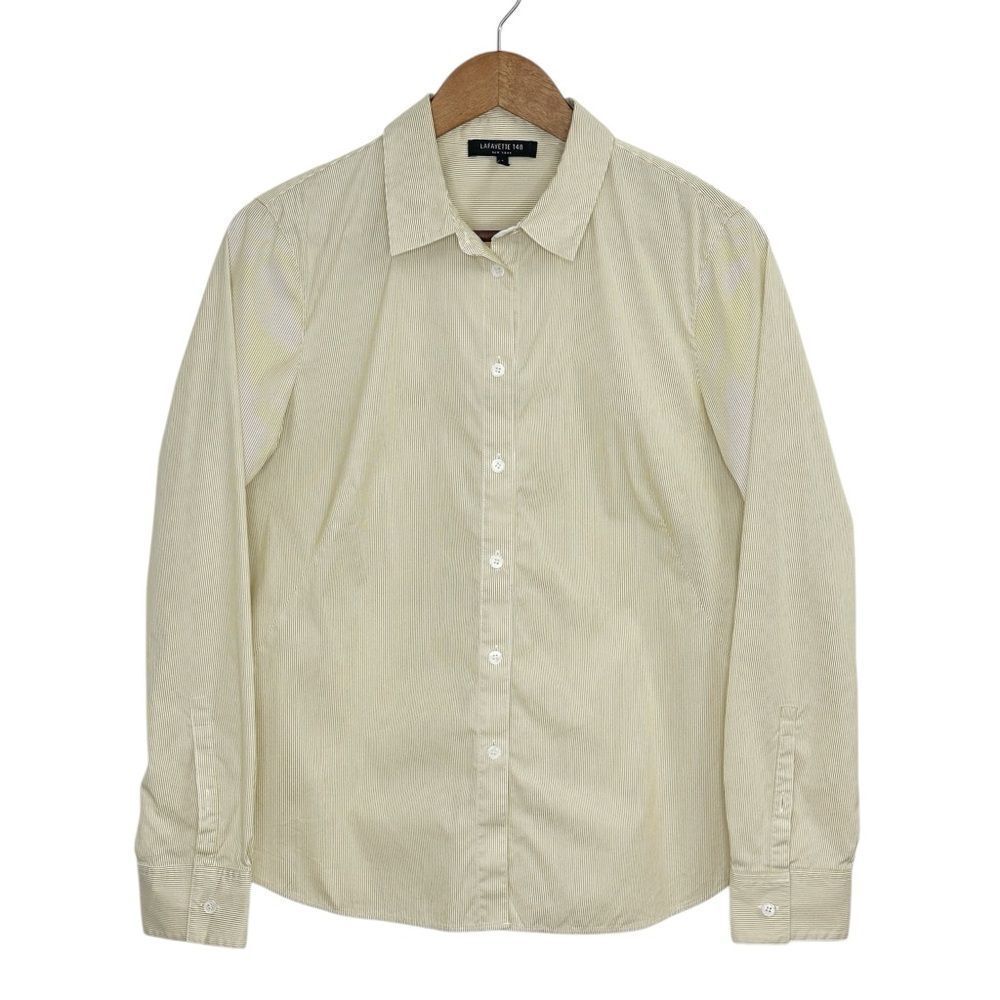 Lafayette 148 New York Button Down Top Striped Tan White Size 8 - Picture 1 of 9